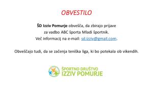 Obvestilo ŠD Izziv Pomurja